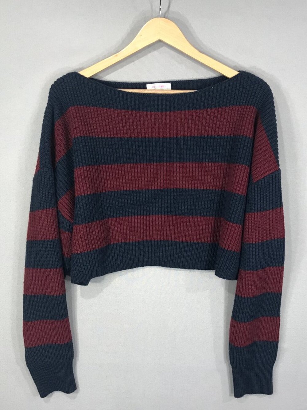 Stella Tweed Sweater Women's Medium Red Blue Striped Ribbed Cropped Boat Neck LS